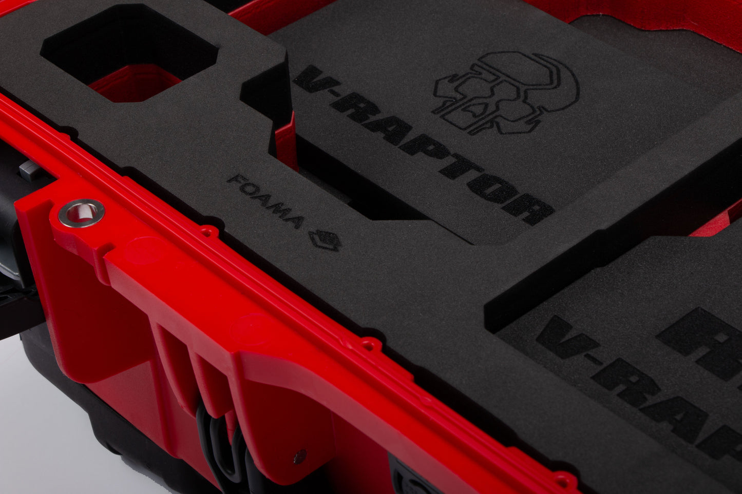 Close view of Red Color RED V Raptor Carry-On Case with Red Layer Custom Foam Insert