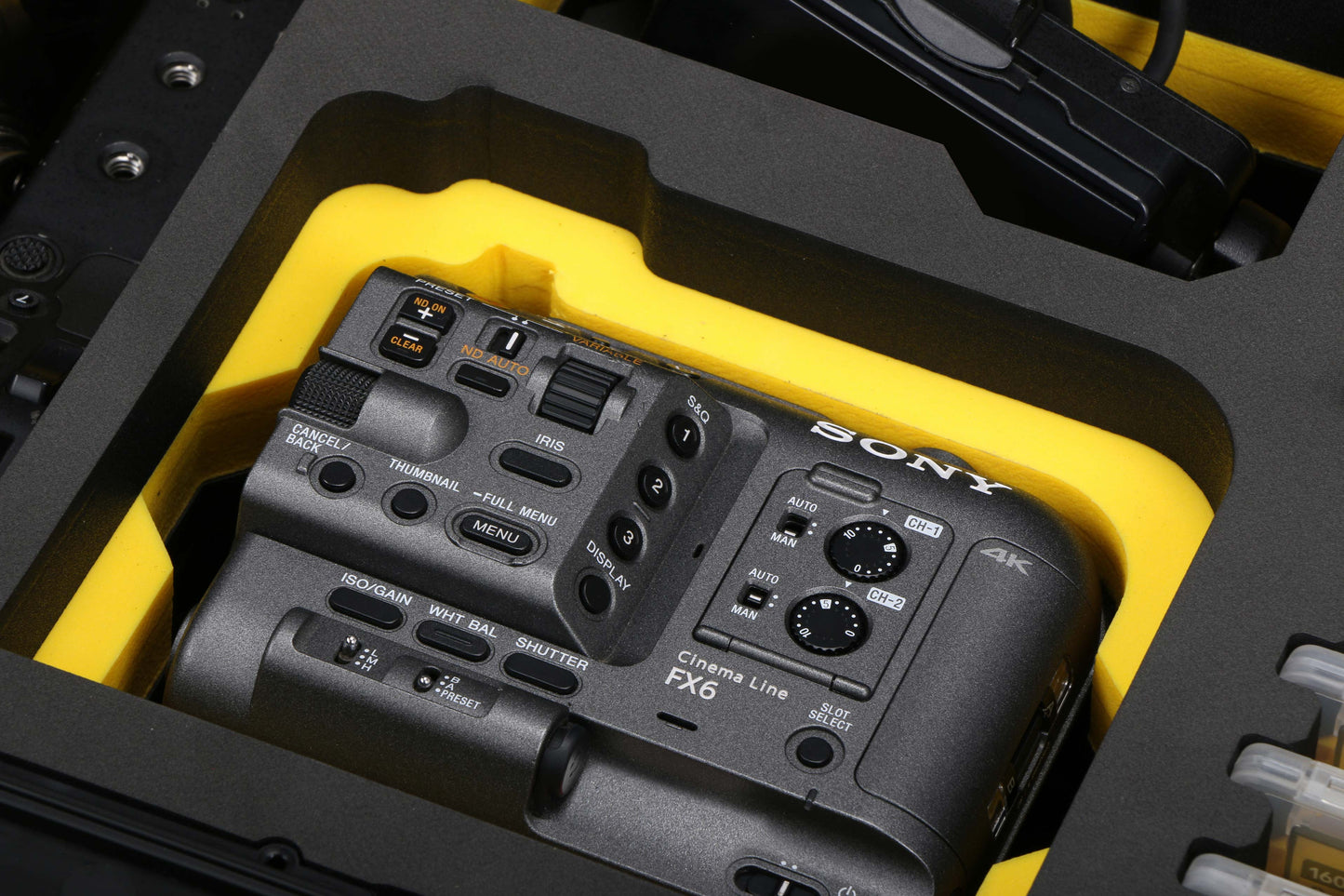 Close-up view 1 of Foama Black Color Carry-on case and Yellow Foam Insert for Sony FX-6 and Essential Accessories