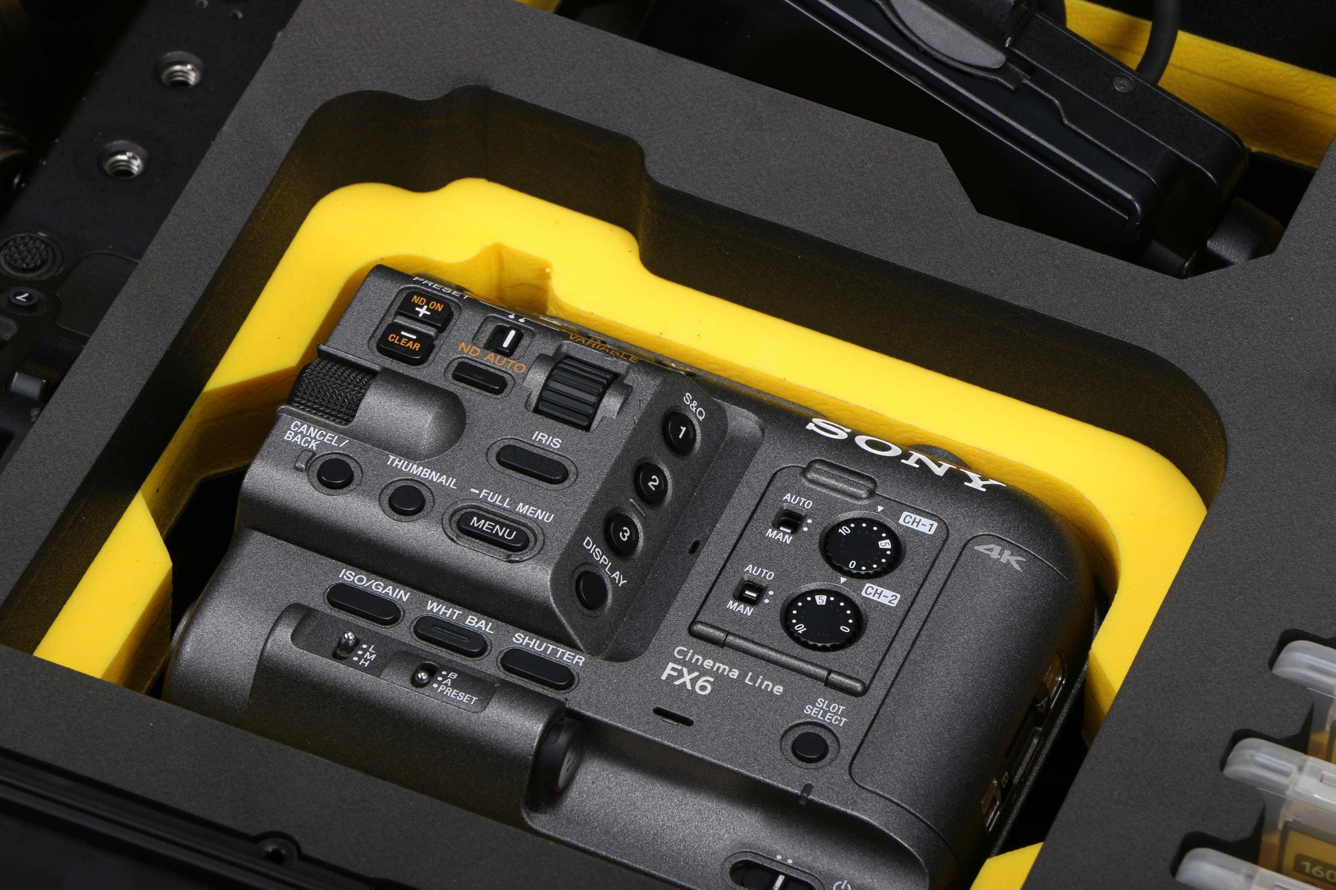 Close-up view 1 of Foama Black Color Carry-on case and Yellow Foam Insert for Sony FX-6 and Essential Accessories