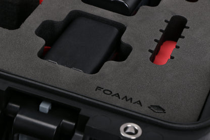 Close-up view 1 of Sony FX6 and accessories in Black Color Studio Case and Custom Foam Insert with a Red Layer