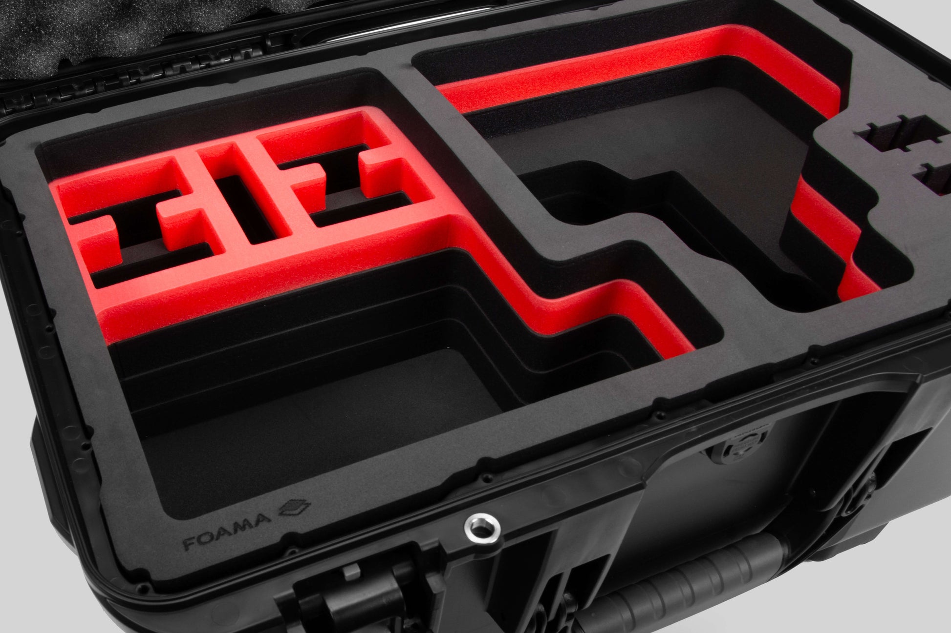 Close view of Black Color Canon C400 Studio Case and Red Layer Custom Foam Insert