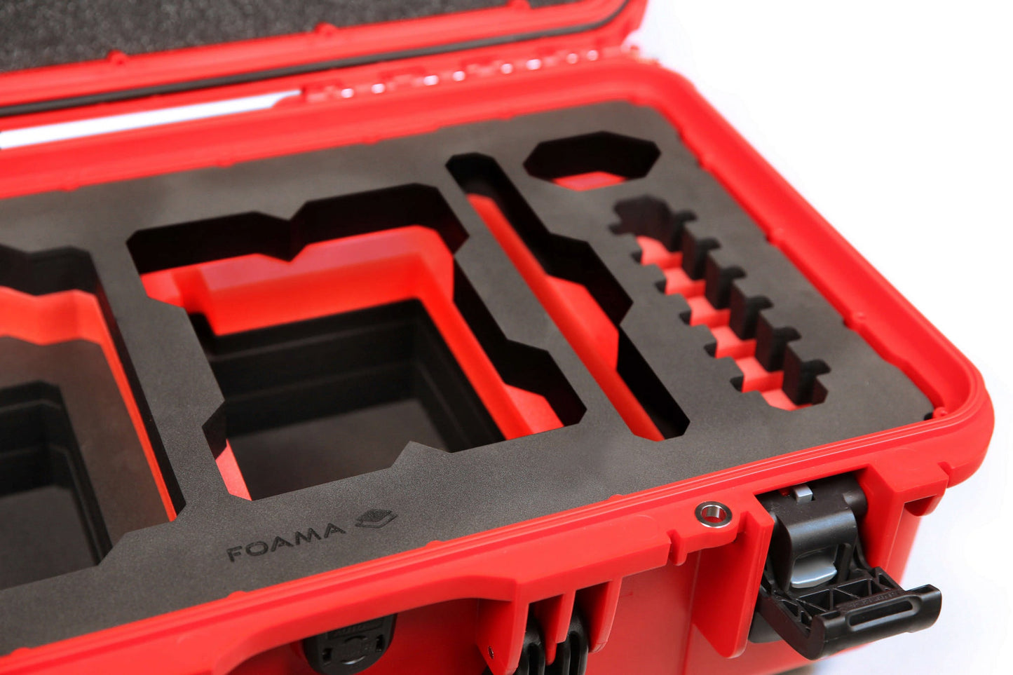 Close view of Red Color RED X Raptor Carry-On Case with Red Layer Custom Foam Insert