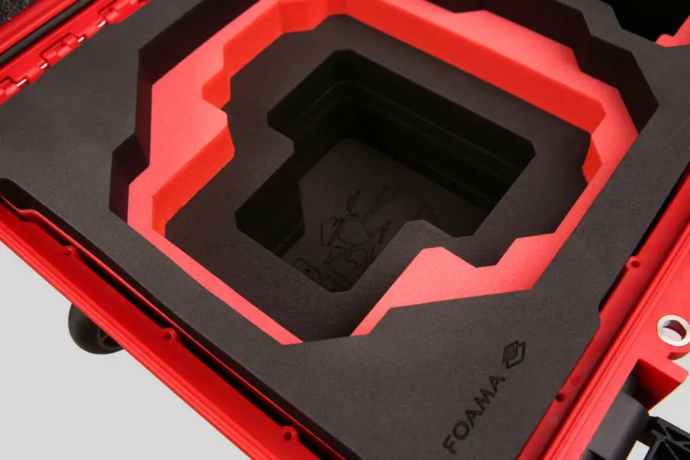 Close-up view 1 of Foama Red Color Carry-on case and Custom Foam Insert with Red Layer for RED Komodo-X