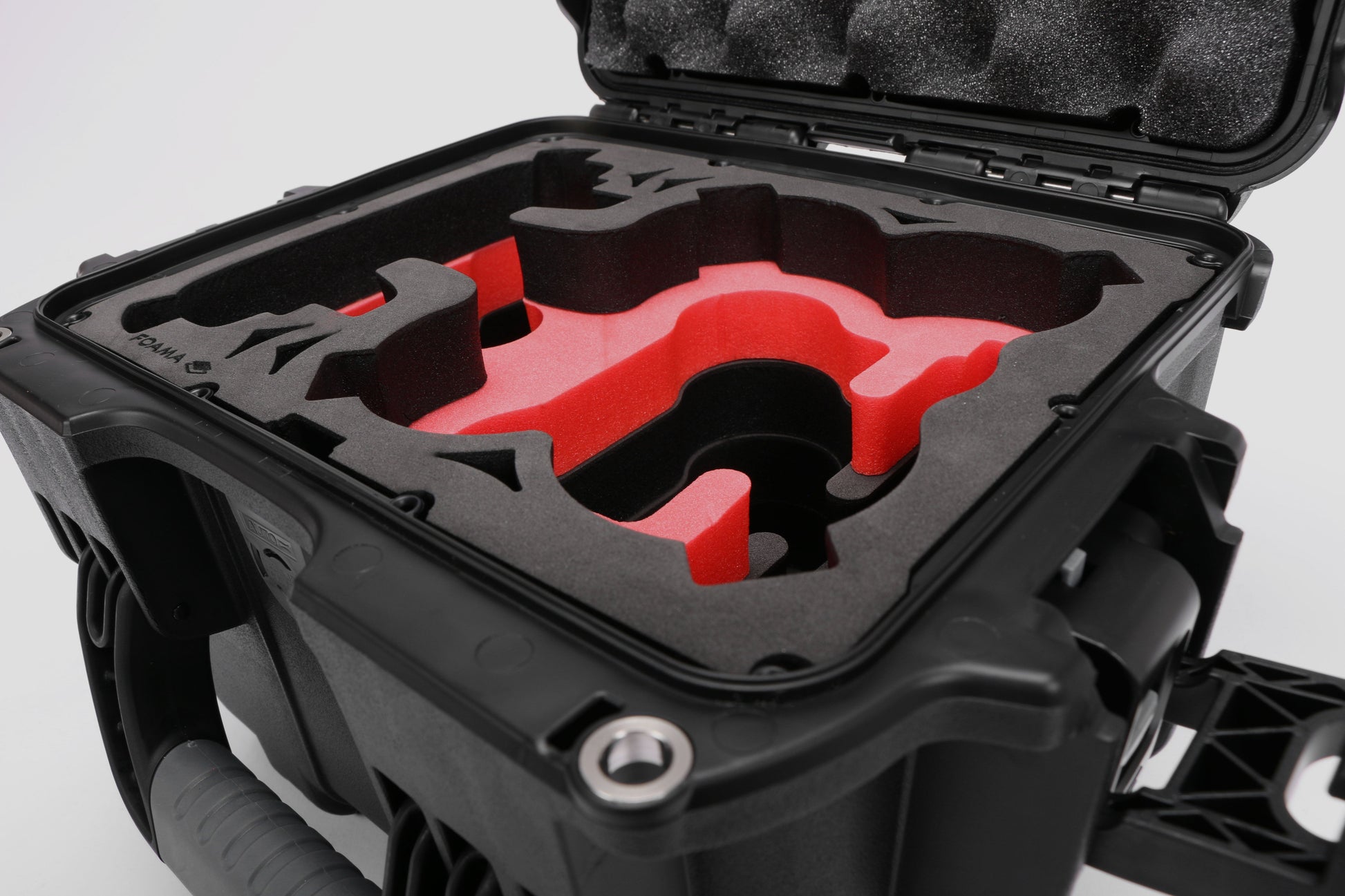 Close-up view 1 of DJI Neo Black Color Adventure Ready Compact Waterproof Carry-on Case and Custom Foam Insert with a Red Layer for DJI Neo