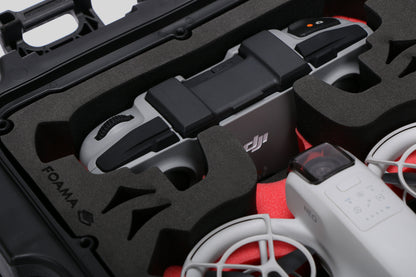 Close-up view 2 of DJI Neo Black Color Adventure Ready Compact Waterproof Carry-on Case and Custom Foam Insert with a Red Layer, holding the DJI Neo Combo