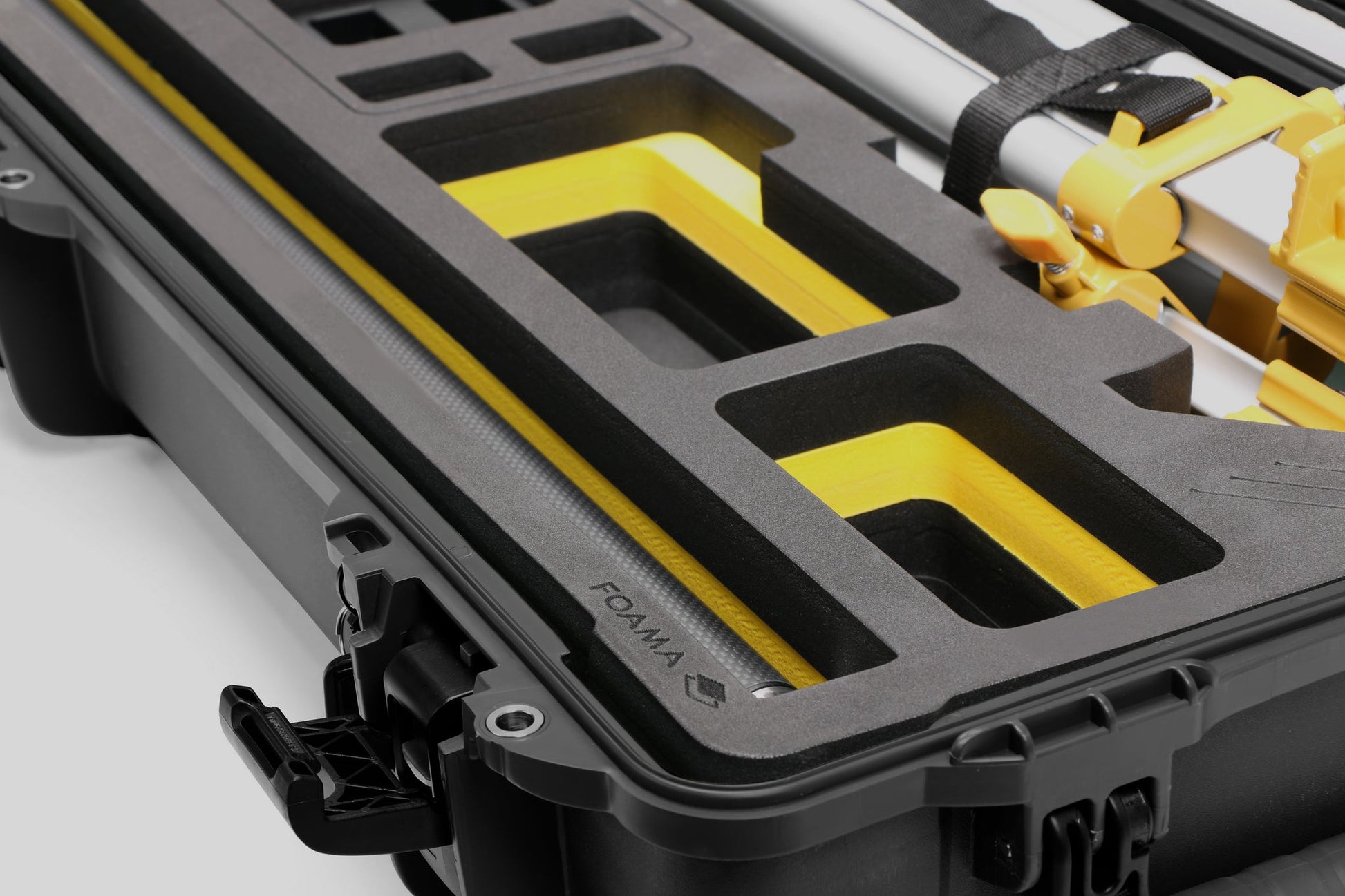 Close-up view 2 of Foama Fortified Black Color Hard Case and Custom Foam Insert with Yellow Layer for DJI D-RTK 2 Mobile Station