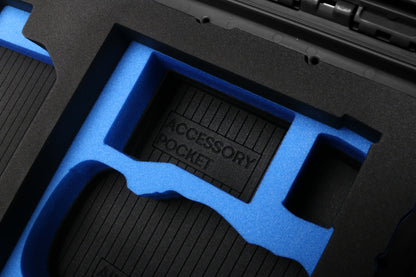 Close-up View 2 of a DJI Mini 3 & 4 Pro Black Color Hard Case with Custom Blue Foam Insert
