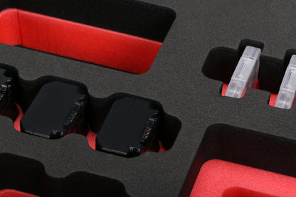 Close-up view 2 of Sony FX3 and accessories in Black Color Studio Case and Custom Foam Insert with a red layer