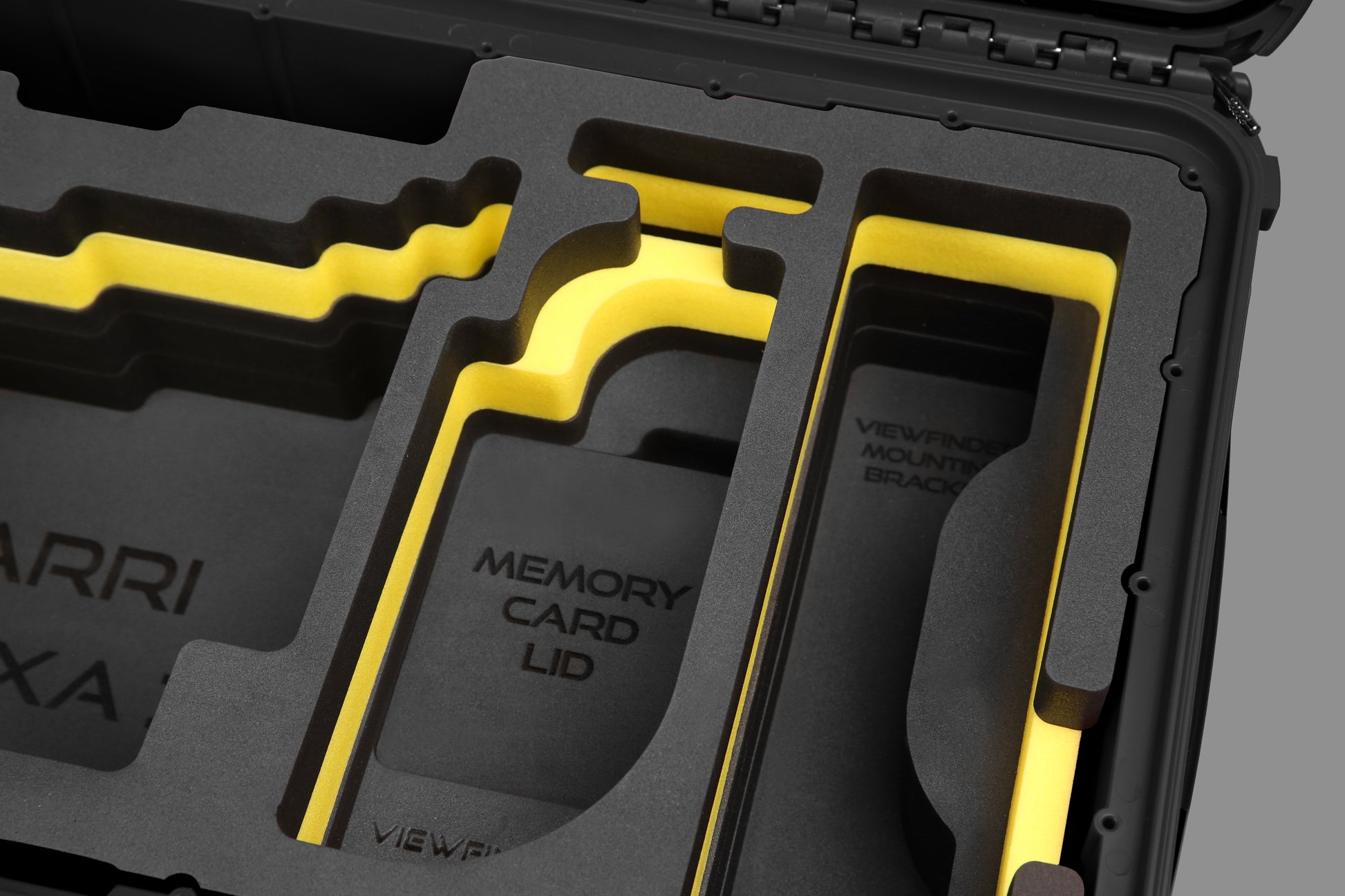 Close view of Black Color ARRI Alexa 35 Carry-On Case with Yellow Layer Custom Foam Insert