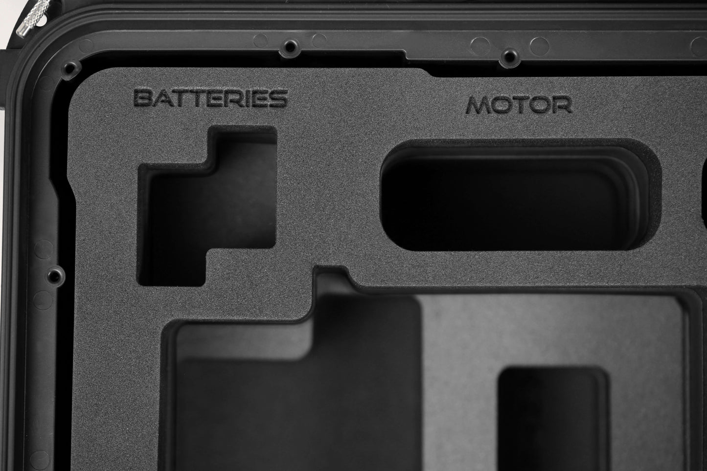 Close view of Black Color ARRI HI-5 Carry-On Case with Black Layer Custom Foam Insert