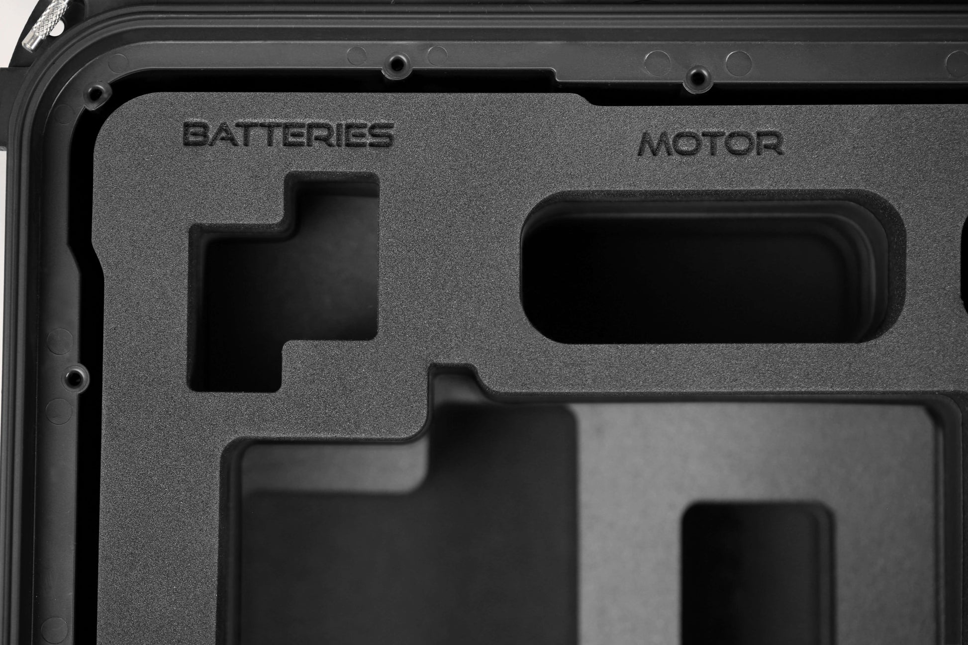 Close view of Black Color ARRI HI-5 Carry-On Case with Black Layer Custom Foam Insert