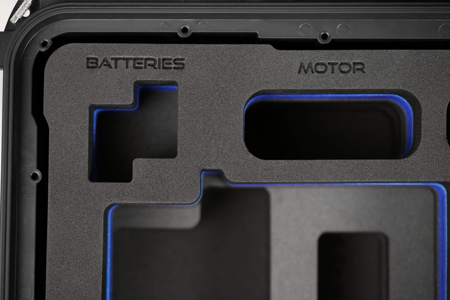 Front view of Black Color ARRI HI-5 Carry-On Case with Blue Layer Custom Foam Insert