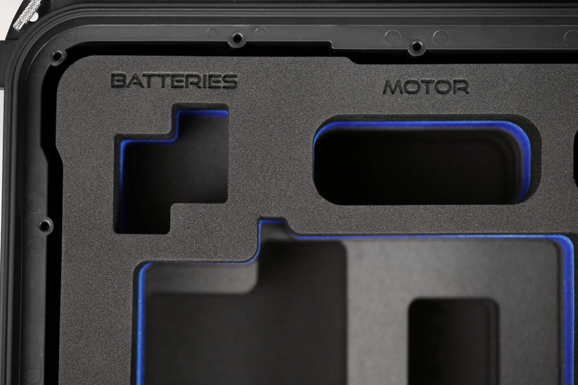 Front view of Black Color ARRI HI-5 Carry-On Case with Blue Layer Custom Foam Insert