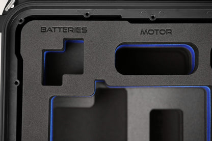 Front view of Black Color ARRI HI-5 Carry-On Case with Blue Layer Custom Foam Insert