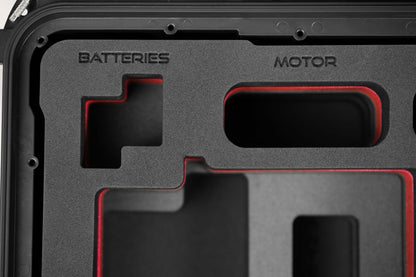 Close view of Black Color ARRI HI-5 Carry-On Case with Red Layer Custom Foam Insert