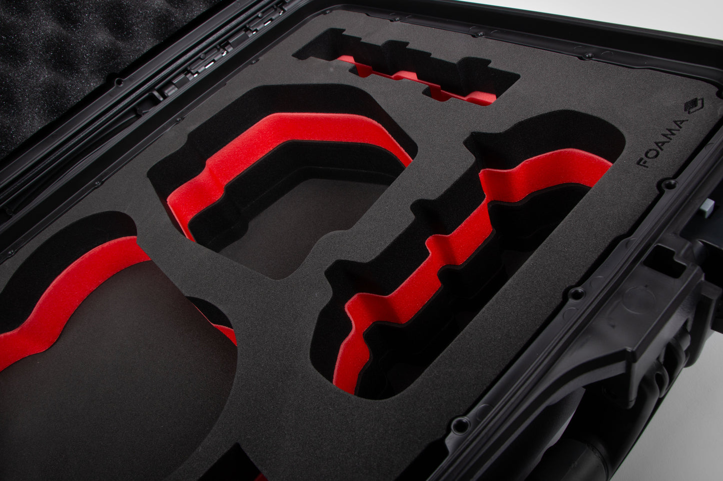 Close-up view 2 of DJI Avata 2 Fly More Combo Black Color Waterproof Hard Case and Custom Foam Insert with a Red Layer