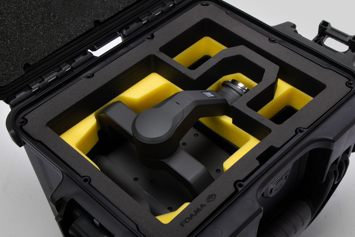 Close view of Black Color DJI Zenmuse H30T Carry-On Case with Yellow Layer Custom Foam Insert