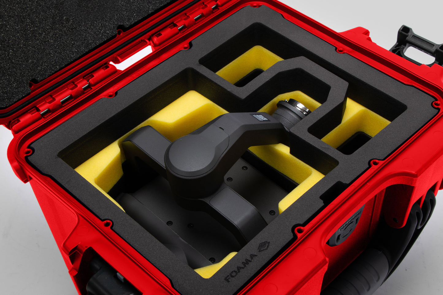 Close view of Red Color DJI Zenmuse H30T Carry-On Case with Yellow Layer Custom Foam Insert
