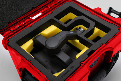 Close view of Red Color DJI Zenmuse H30T Carry-On Case with Yellow Layer Custom Foam Insert