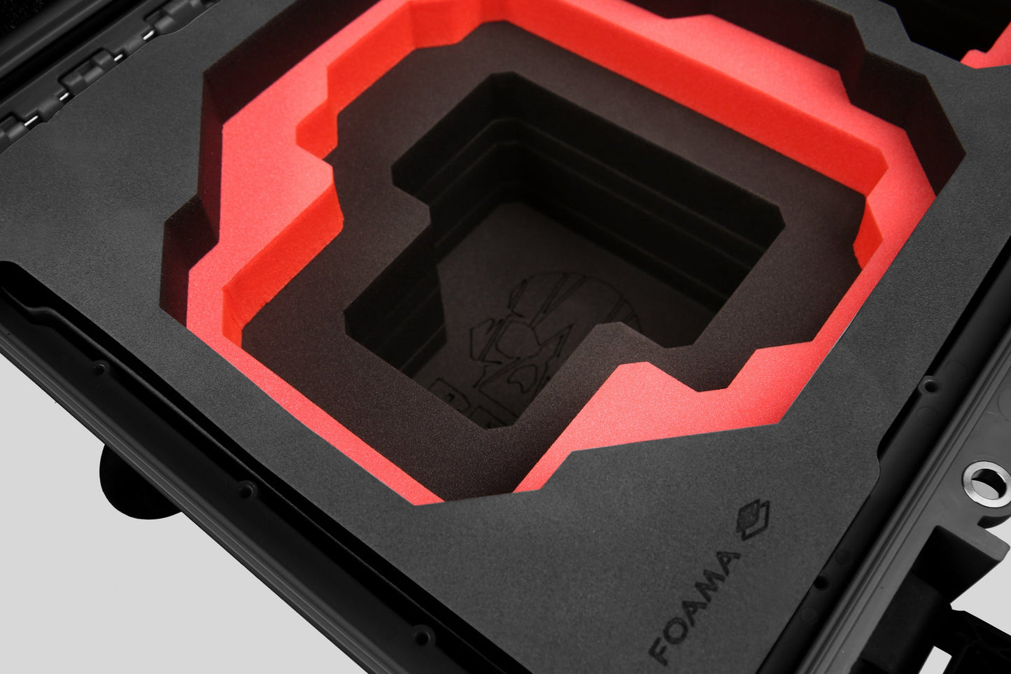 Close-up view 2 of Foama Black Color Carry-on case and Custom Foam Insert with Red Layer for RED Komodo-X