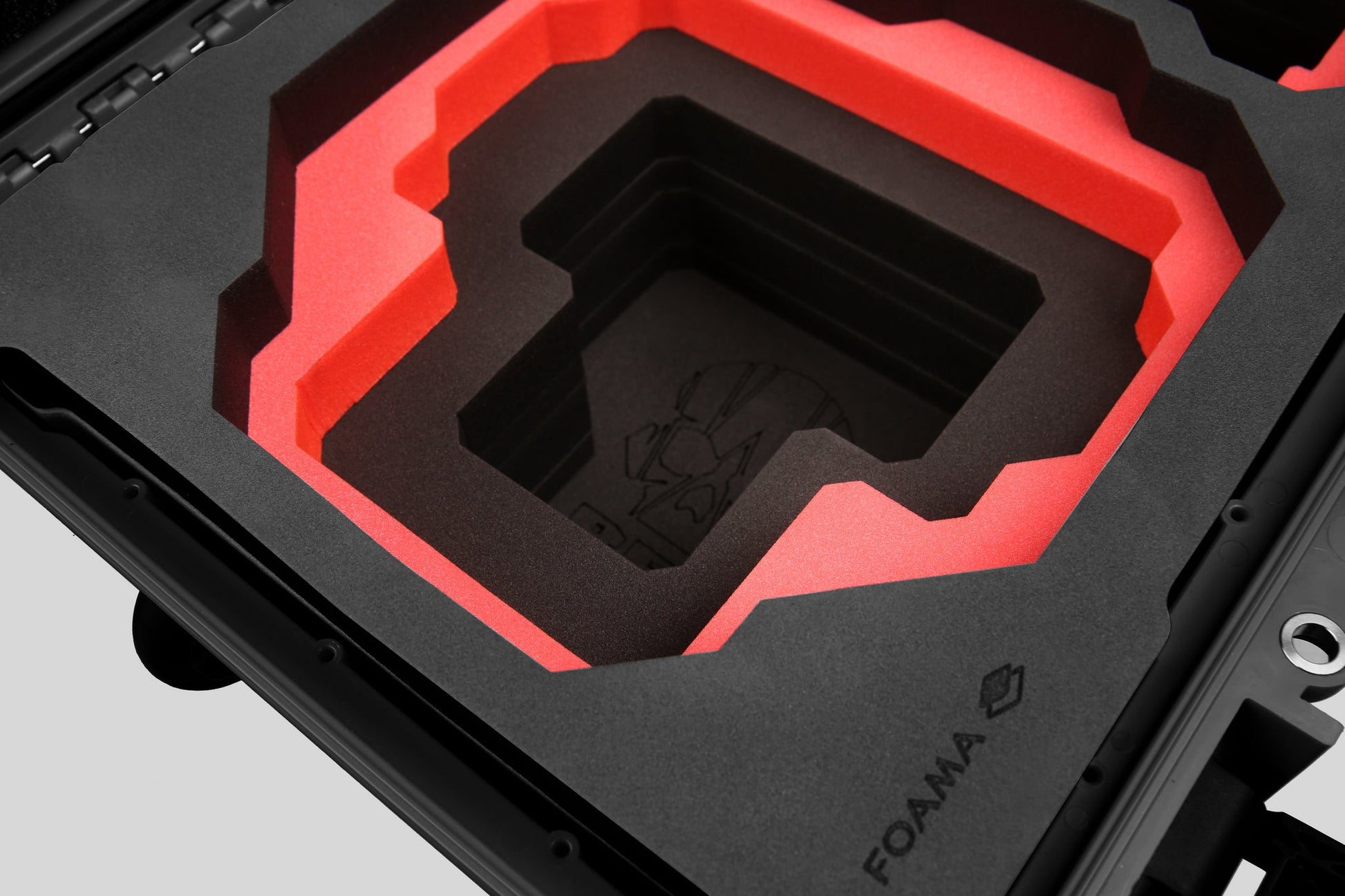 Close-up view 2 of Foama Black Color Carry-on case and Custom Foam Insert with Red Layer for RED Komodo-X
