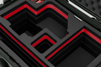 Close view of Olive Color Sony Burano Heavy Duty Roller Case and Custom Foam Insert with Red Layer for Burano Camera And Accessories