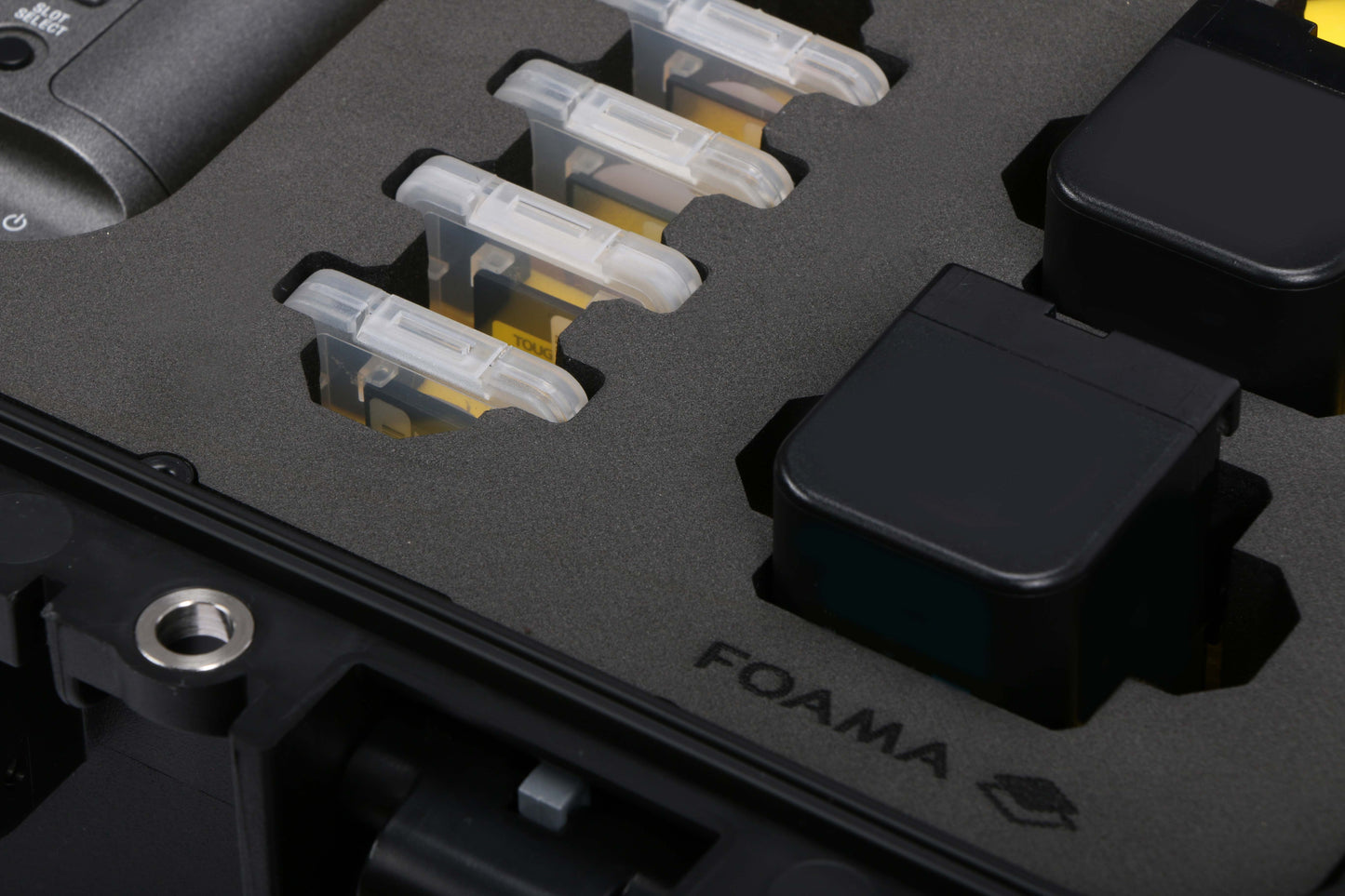 Close-up view 2 of Foama Black Color Carry-on case and Yellow Foam Insert for Sony FX-6 and Essential Accessories