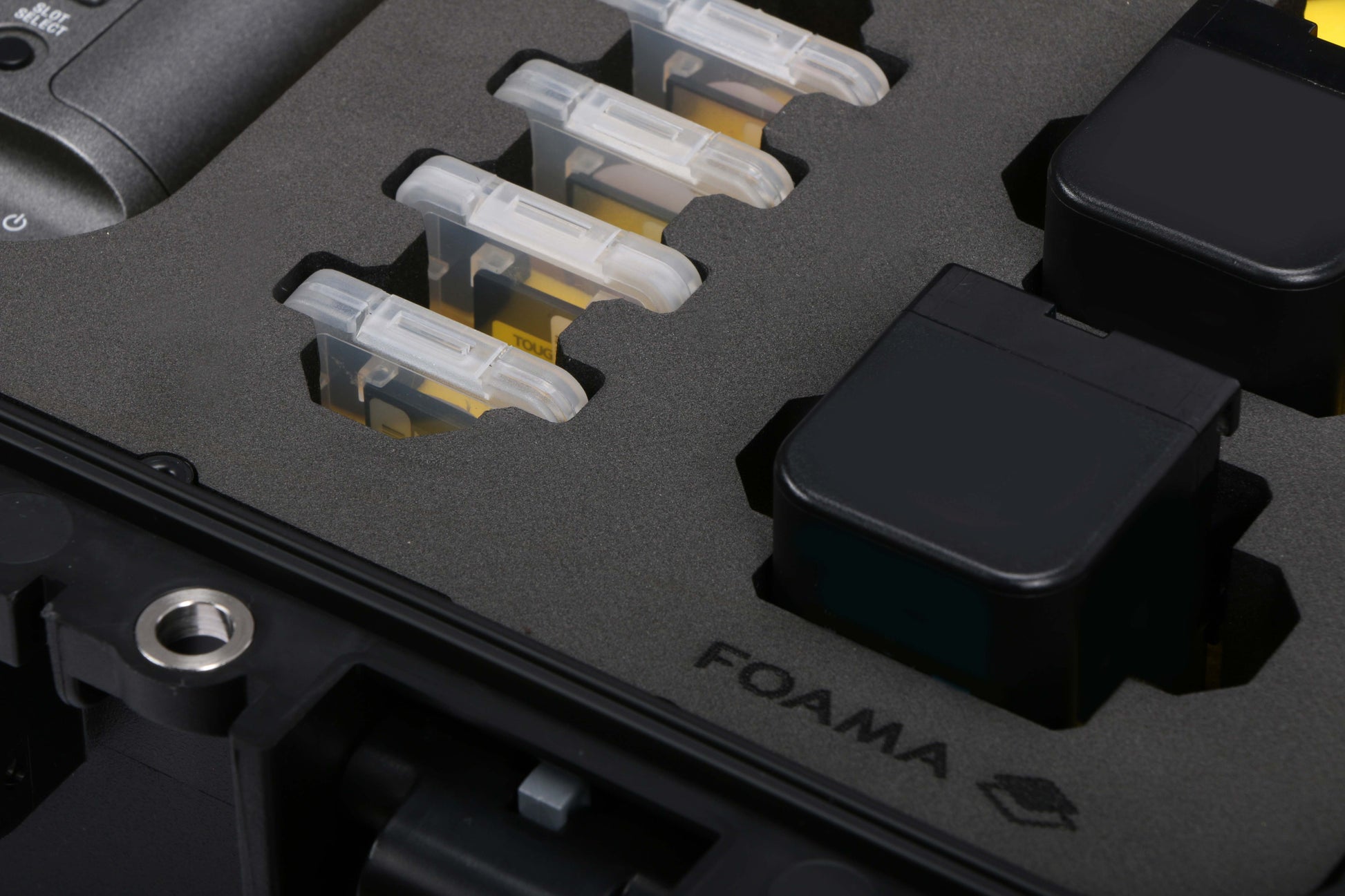 Close-up view 2 of Foama Black Color Carry-on case and Yellow Foam Insert for Sony FX-6 and Essential Accessories