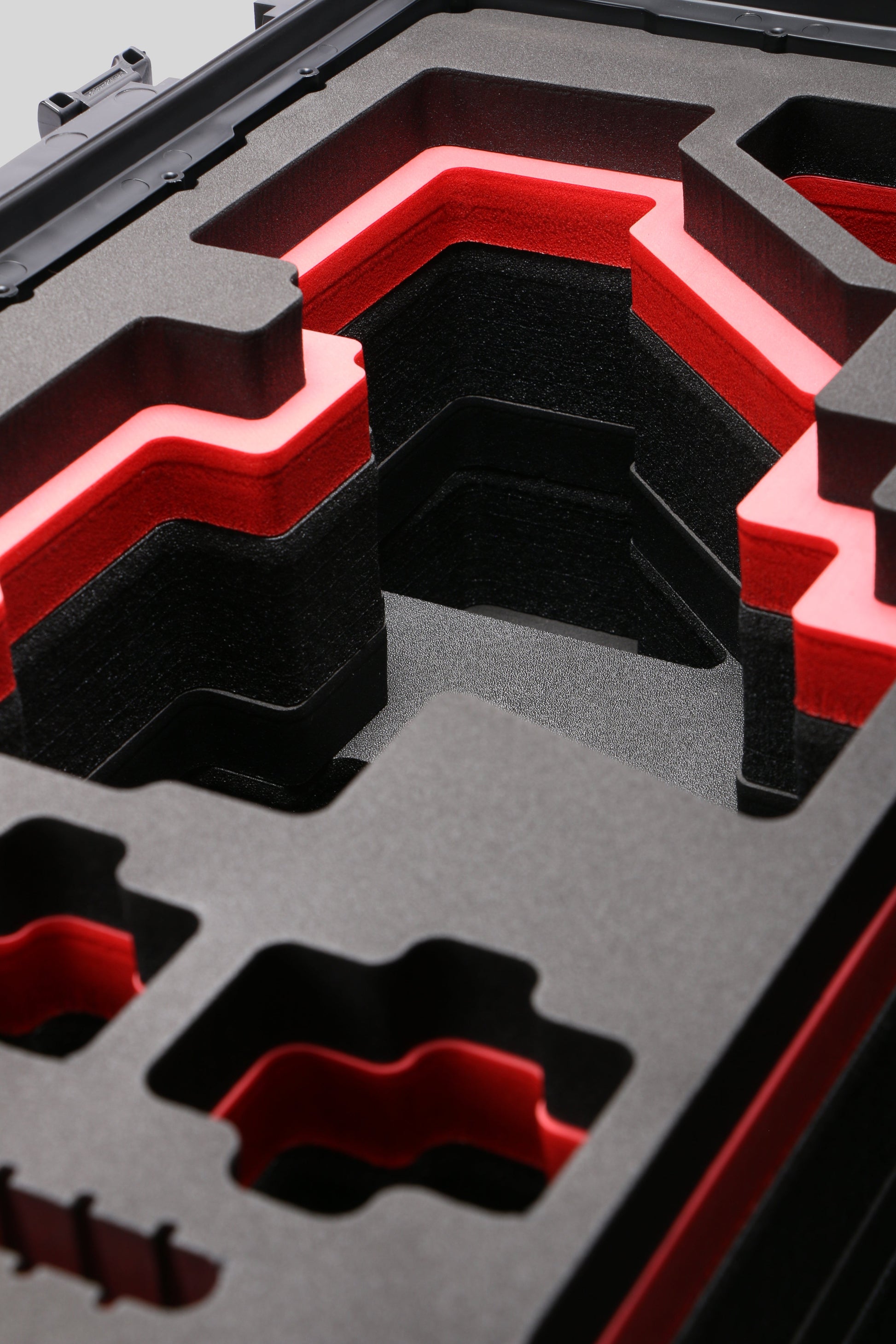 Close-up view 2 of Sony FX6 Black Color Studio Case and Custom Foam Insert with a Red Layer