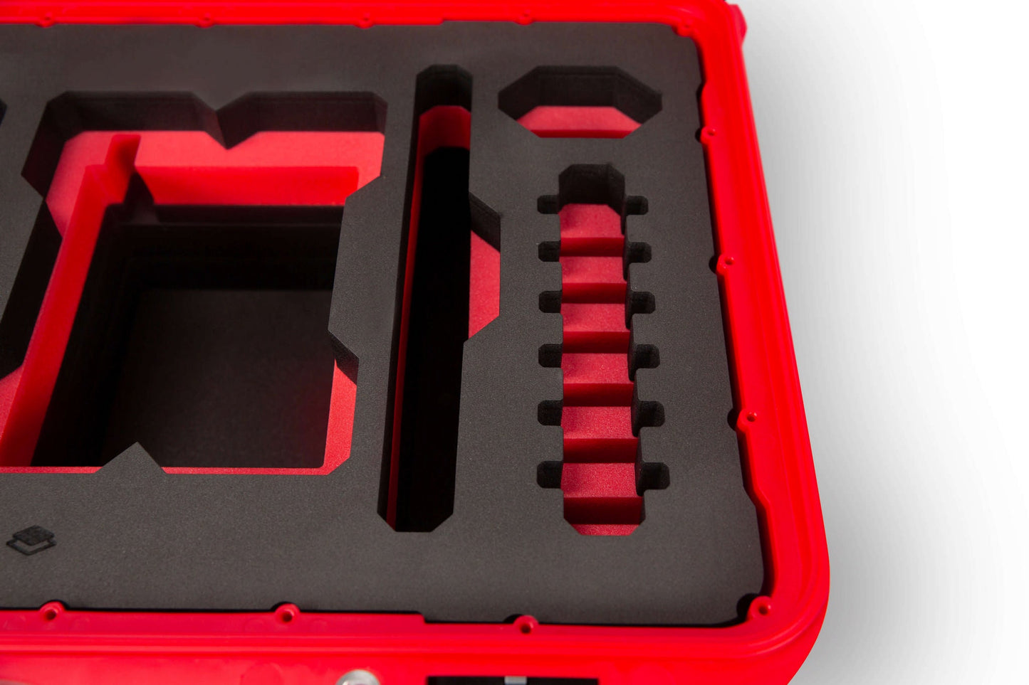 Close view of Red Color RED X Raptor Carry-On Case with Red Layer Custom Foam Insert