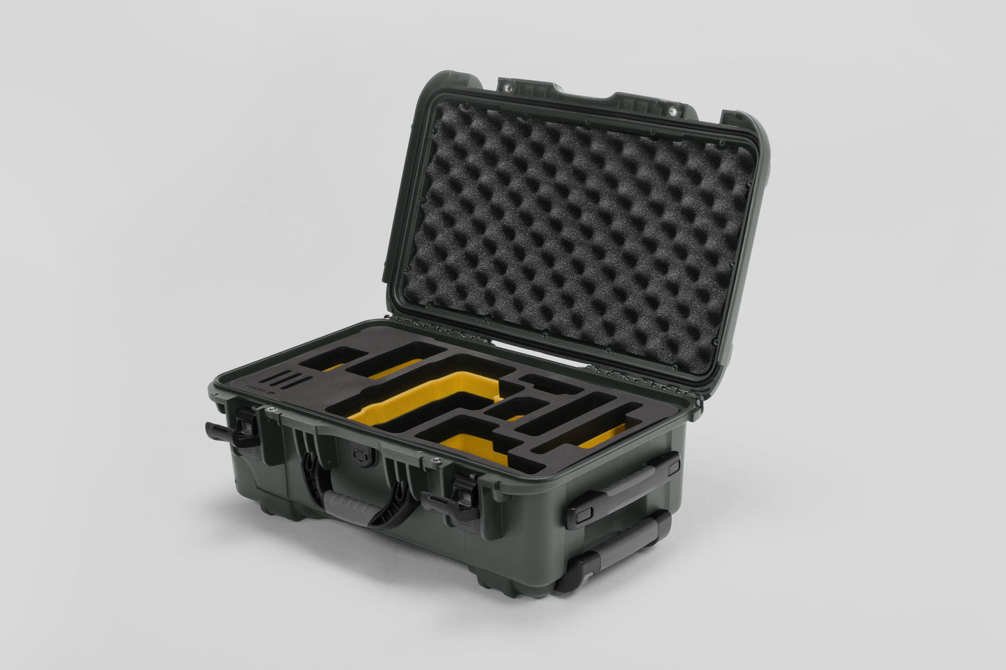 Angled view of Foama Olive Color Travel Case and Custom Foam Insert with Yellow Layer for RED Monstro